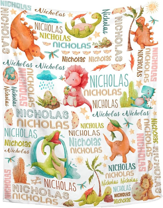 Personalized Baby Blanket for Girls Boys Kids Dinosaur Custom Baby Blanket with Name Throw Birthday Gift for Toddlers Infants Shower Newborns Nursery Stroller Crib Bed Decor