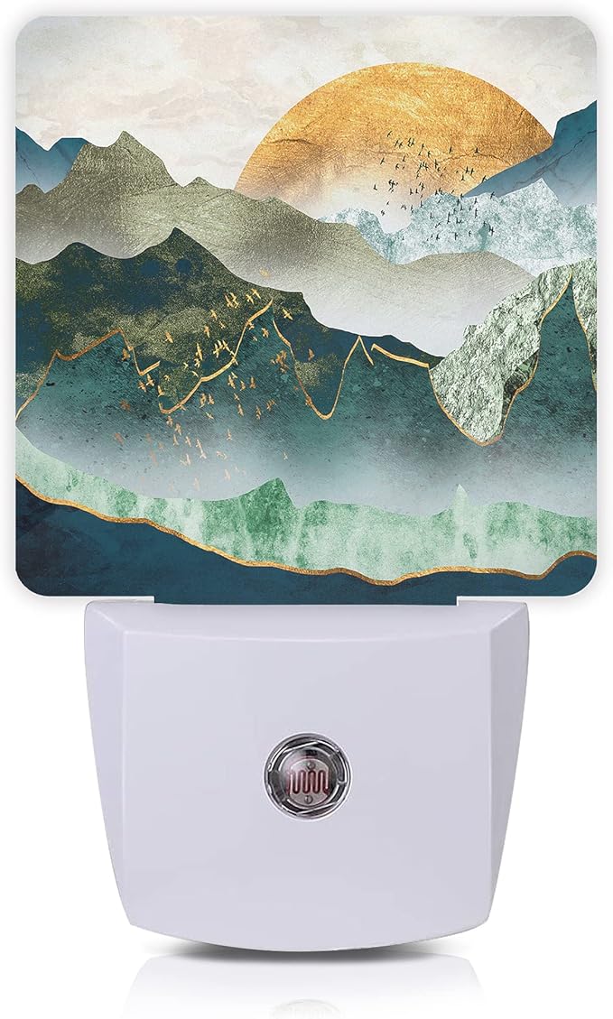 Mountain Night Light,Green Mountains Golden Sunset Plug in Night Lights Auto LED Lamp Energy Saving Square Lights for Boys Girls Men Women