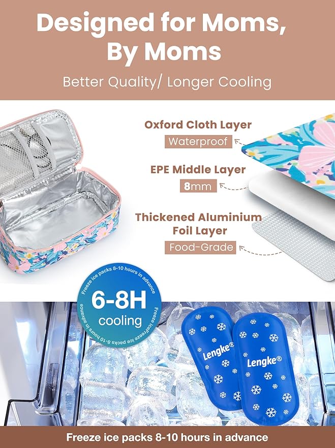 Breast Milk Cooler Travel Bag, Real-Time Temperature Display, Holds 4-6 Breastmilk Storage Bag with 2 Breast Milk Ice Pack, Cooling & Waterproof Portable Cooler for Moms on The Go(Pink Flower)