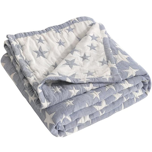 NTBAY 3 Layer Oversized Muslin Cotton Toddler Blanket, 45x60 Inches Jacquard Reversible Nursery Bed Blanket, Super Soft and Thermal Crib Blanket for All Seasons, Baby Gift, 45"x60", Blue/White Star