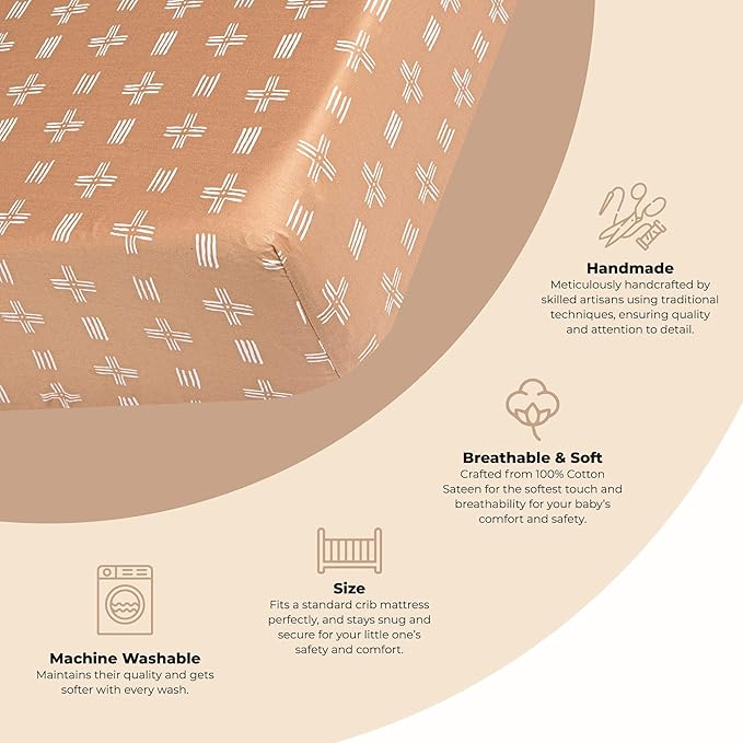 Crane Baby Crib Sheet, Copper Dash Neutral Crib Sheets & Toddler Sheets, 100% Cotton Sateen, 28" x 52", Breathable & Fitted