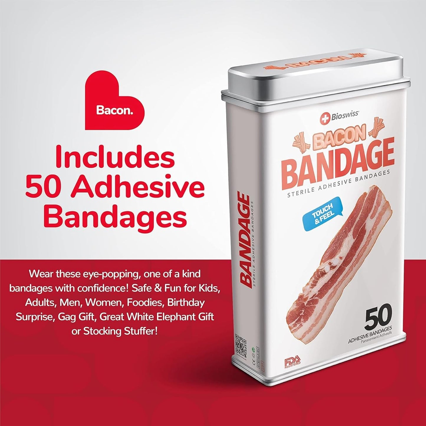 BioSwiss Bandages, Bacon Shaped Self Adhesive Bandage, Latex Free Sterile Wound Care, Fun First Aid Kit Supplies for Kids, 50 Count