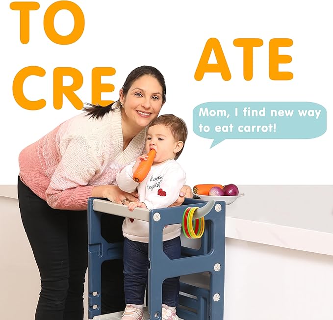 SDADI Adjustable Height Kids Kitchen Step Stool with Removable Safety Rails and Anti-Slip Protection- Toddler Standing Tower with with Ring Toss for Learning and Playing (Blue and Light Grey)