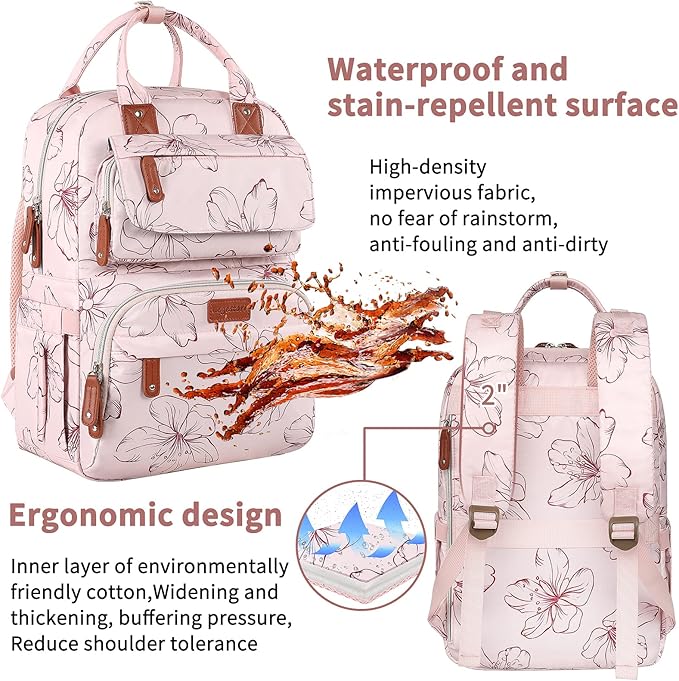 Diaper Bag Backpack, Baby Girl Diaper Bag for Mom, Large Pink Floral Diaper Bag Backpack for Girls, Waterproof Mom Backpack for Work Travel Holiday with Insulated Pockets and Stroller Straps