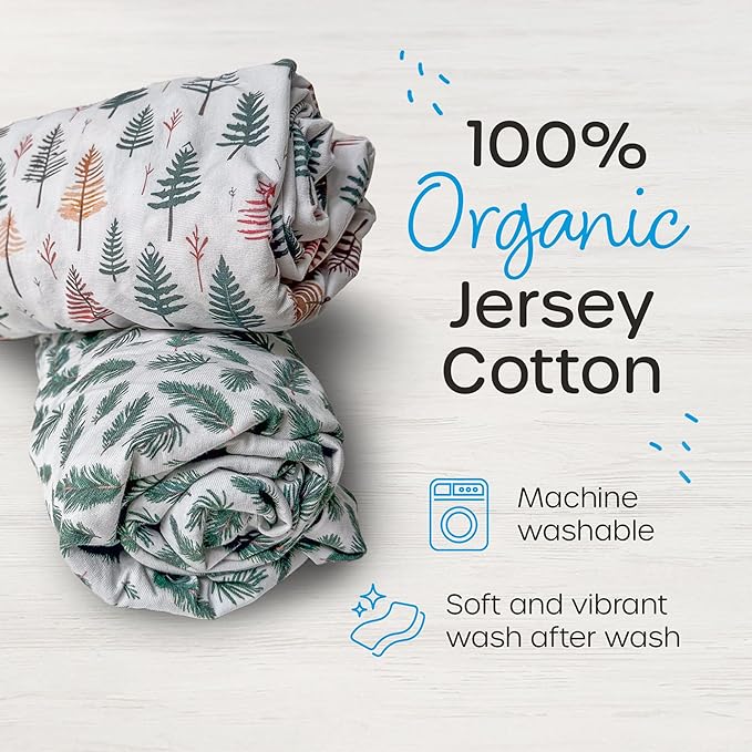 Quiggly Bassinet Sheets for Guava Lotus, 2 Pack Organic Cotton Jersey Knit, Vibrant Forrest Tree Patterns - Fits Travel Crib Mattresses for Boys & Girls (Bassinet, Whispering Woodland)