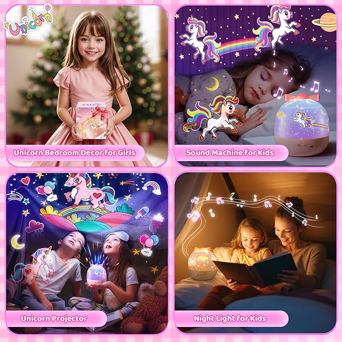【GIFTS PACKAGE】Unicorn Gifts for Girls NightLight 15 Films+10 Music Soothing Sounds Machine Baby Night Light Projector, LED Star Lights for Ceiling Decor, Kawaii Unicorns Noise Machine for Girls Gifts