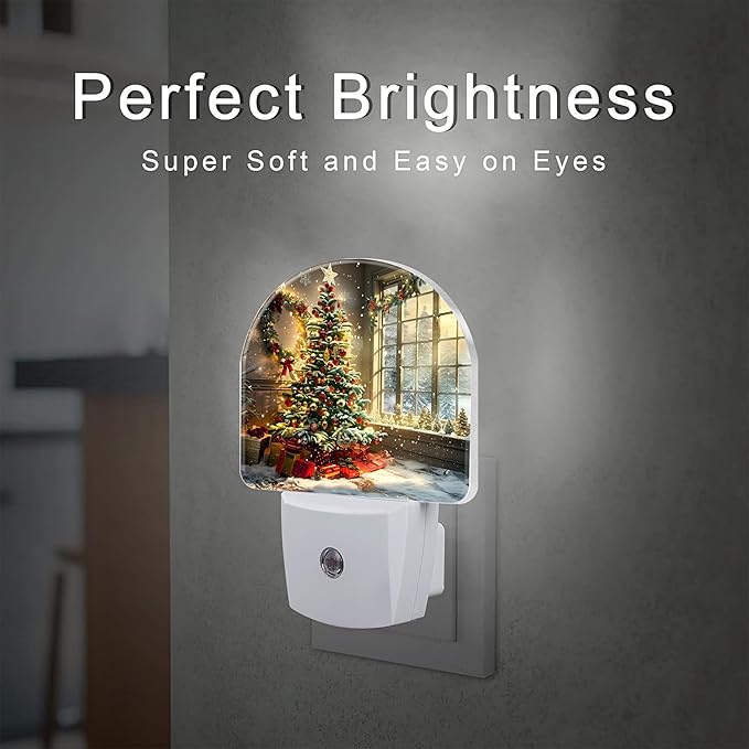 Christma Room Full of Gifts Night Light, Christmas Tree with Red and Gold Ornaments Dusk to Dawn Plug in, 0.5w Energy Saving Sleep Friendly NightLight for Kids Boys Girls Home Decor