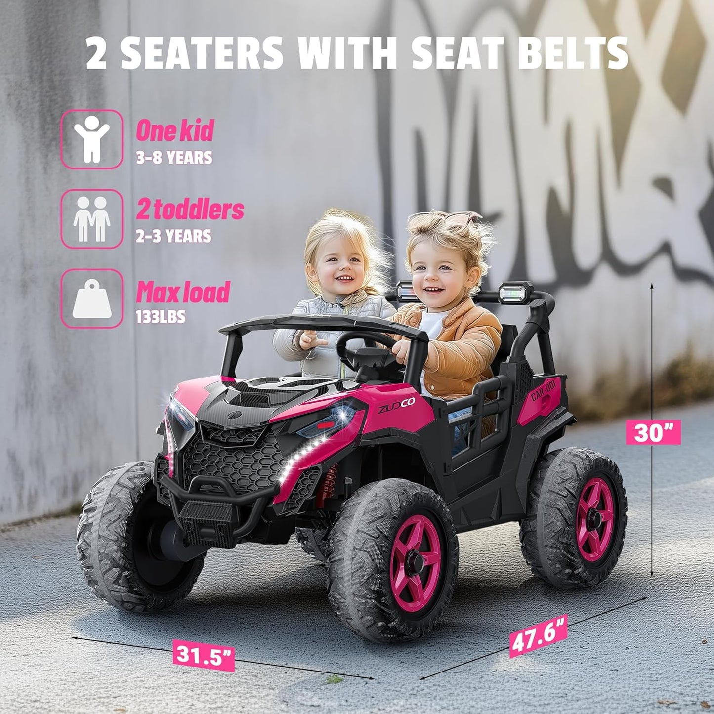24V 2 Seater Ride on Car Truck, 4x200W, EVA Tires, 4WD/2WD, Rainbow Lights, Remote Control, Shock Absorbers, Bluetooth, Ride On UTV Toy for Kids Ages 3-8, Pink