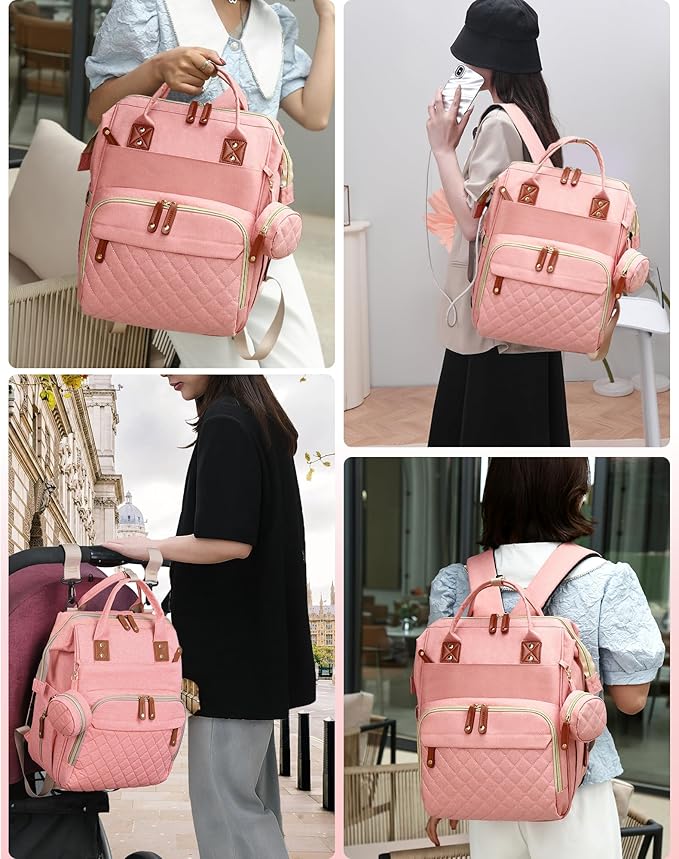 Diaper Bag with Changing Station, Waterproof 3 in 1 Baby Diaper Backpack with Foldable Changing Pad, Large Travel Back Pack for Baby Girl Boy, Peach Pink