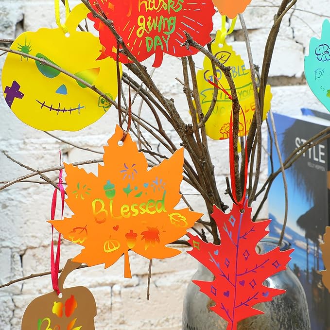Kasyat 60 Pieces Thanksgiving Scratch Paper Art Set, Fall Scratch Craft Art Colorful Fall Leaves with 60 Pcs Colored Ribbons 10 Pcs Sticks for Kids Autumn DIY Supplies
