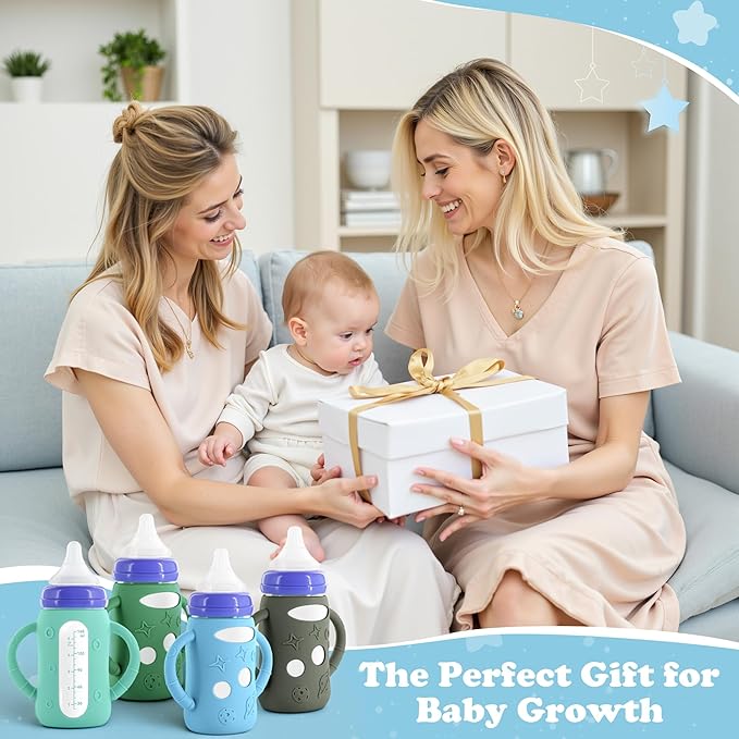 4-Pack Silicone Sleeves for Lansinoh Glass Bottles 5 oz- Starry Sky Design Baby Bottle Holder with Handles,Protectors for Lansinoh Natural Wave Glass Bottles, Anti-Scald Feeding Supplies