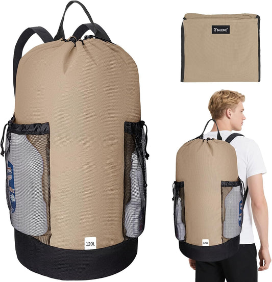 BALEINE 120L Laundry Bag Backpack, 900D Oxford Fabric Large Travel Laundry Bags with Shoulder Straps and 2 Mesh Pockets for College Dorm, Apartment, Laundromat (Khaki, 120L)