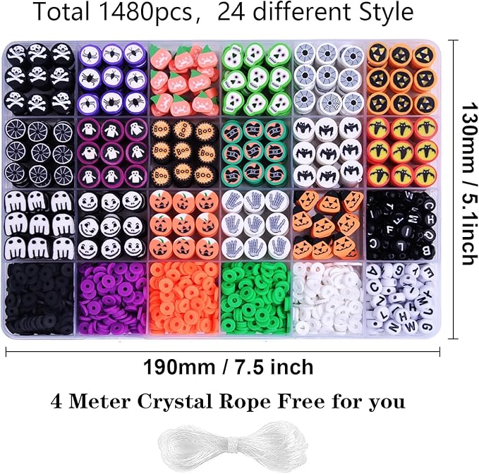 1480pcs Halloween Polymer Clay Beads Charms Friendship Bracelet Necklace Earring Jewelry Making kit, Accessories for Arts Crafts DIY Birthday Gifts for Women Girls