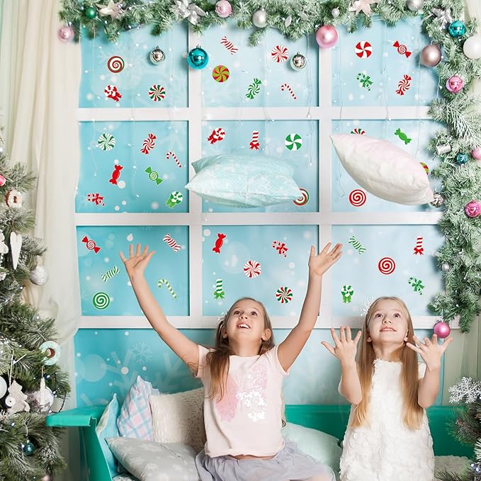 MARFOREVER 50 PCS Candy Cane Gel Window Clings, Reusable Colorful Christmas Candy Thick Gel Clings Decals Stickers for Christmas Gift Xmas Party Supplies Window Glass Decoration Supplies