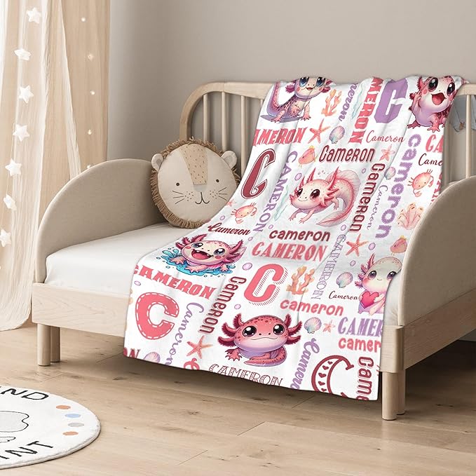 Personalized Baby Blanket for Girls Boys Kids Axolotls Custom Baby Blanket with Name Throw Birthday Gift for Toddlers Infants Shower Newborns Nursery Stroller Crib Bed Decor