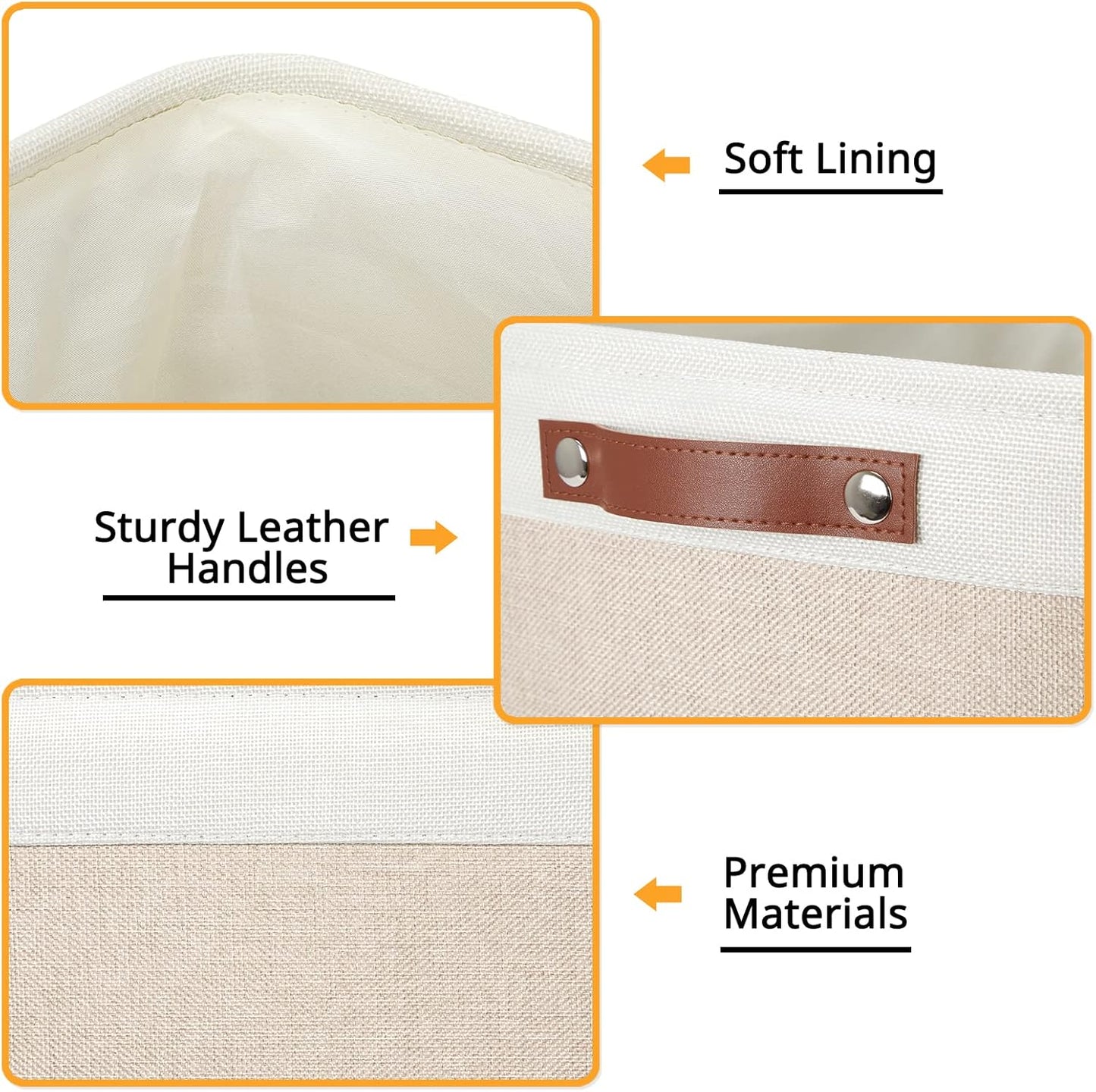 DULLEMELO 2-Pack Large Storage Baskets for Organizing 16"x12"x12" Canvas Fabric Storage Basket Bins With Leather Handles for Shelf Clothes Empty Gift Basket (White&Khaki)