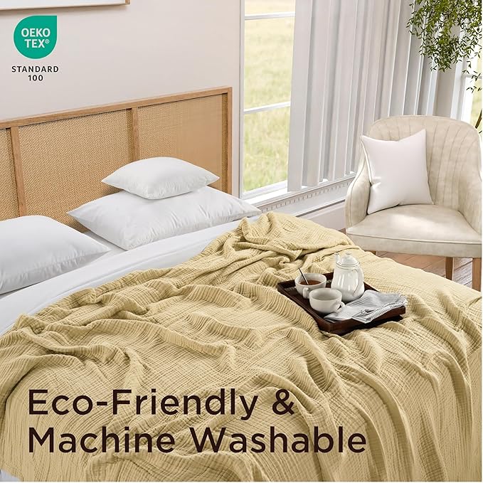 Threadmill King Size Blanket | 4 Layer 100% Cotton Gauze | Lightweight, Breathable, and Cozy Summer |Muslin Blanket for Couch, Bed| Beige