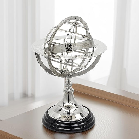 Antique Vintage Zodiac Armillary Brass Sphere Globe Wooden Display | Pirate's Antique Ship Decor | Nagina International (Medium, Nickel Plated)