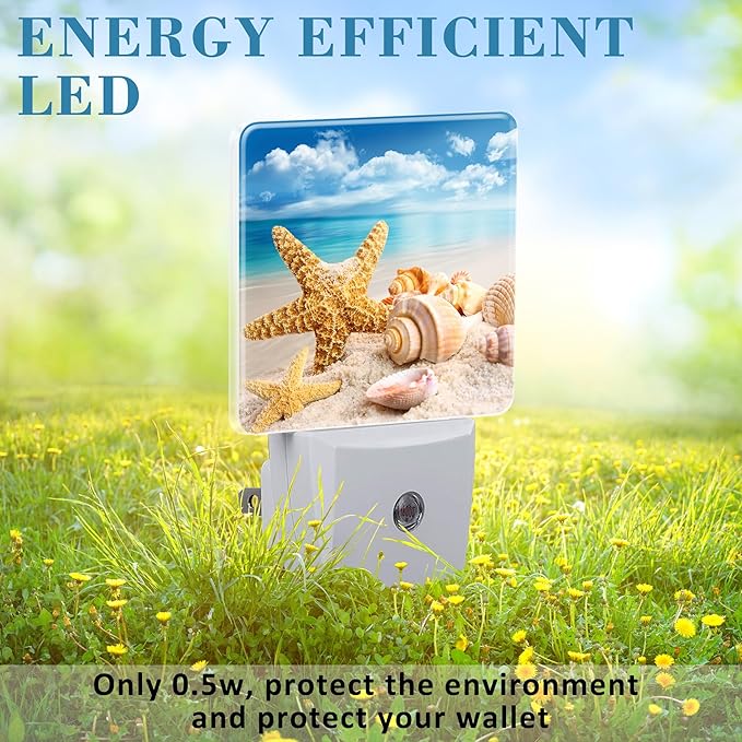 Night Light Plug into Wall Starfish Seashells On Beach Night Light with Dusk to Dawn Sensor Night Light for Kid Girls Boys Women Men Room Decor, Hallway, Kitchen, Bathroom, Nursery, Stairs