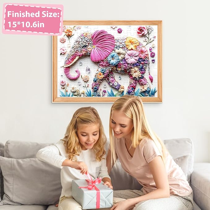 Jeaiciro 100 Piece Puzzles for Kids Ages 4-6 & 6-8, Cute Elephant Jigsaw Puzzle Fun Educational Toy for Kids Ages 8-10, Large Piece Puzzles for Adults, Funny Puzzle for Family Activity Gift Set