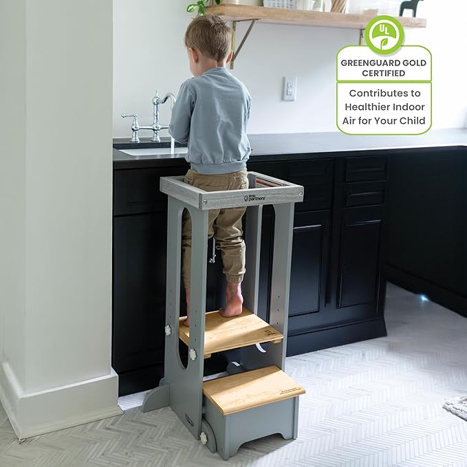 Little Partners Foldable Toddler Tower, Learning Tower Explore 'N Store Montessori Standing Kitchen Tower with Folding Step Stool Platform for Cooking and Learning, Ages 2+ (Silver Drop W/Natural)