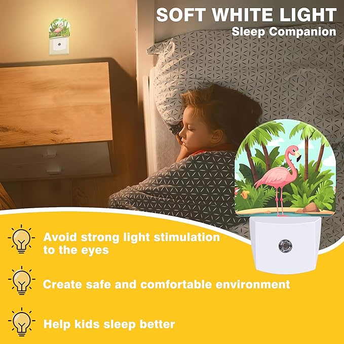 Night Light, Pink Flamingo on Tropical Island Night Lights Plug into Wall Dusk to Dawn Sensor Round Nightlight for Women Men Energy Efficient Led Lamp 0.5W for Stairway Hallway Bedroom