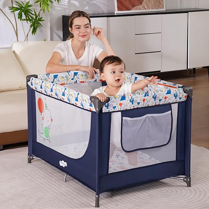 Pamo Babe Travel Foldable Portable Bassinet Baby Infant Comfortable Play Yard Crib Cot with Soft Mattress Breathable Mesh Walls, and Carry Bag Blue