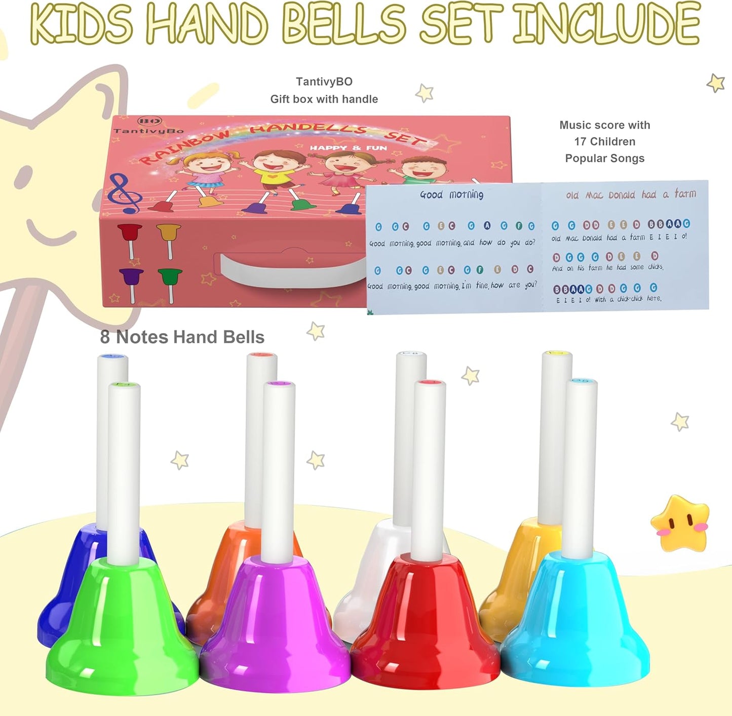 Hand Bells, 8 Note Musical Handbells Set with 17 Songbook Musical Toy Percussion Instrument for Toddlers Children Kids for Children's Day Family Activity School and Church (Multicolored)
