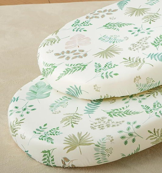 SDY 2PK Bassinet Sheets Girls Boys,Soft Microfiber Jersey Baby Bassinet Bedding 32"x16" x4" Fit Hourglass Oval Rectangle Mattress (Natural Leaves)