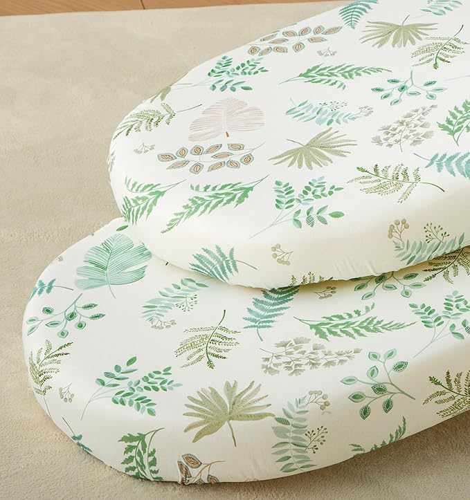 SDY 2PK Bassinet Sheets Girls Boys,Soft Microfiber Jersey Baby Bassinet Bedding 32"x16" x4" Fit Hourglass Oval Rectangle Mattress (Natural Leaves)