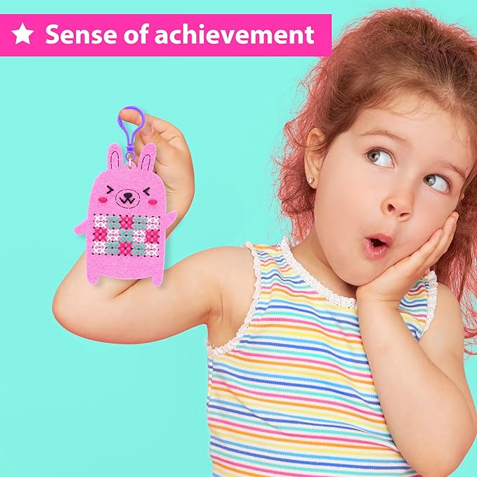 KRAFUN Cross Stitch Kits for Kids Beginners, 4 Cross Stitching Keyrings Arts & Crafts with Animals, Unicorn, Needlepoint Embroidery Kit for Girls 5-13 Craft Kit Backpack Charms, Ornaments