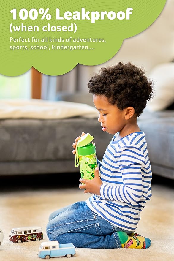Jarlson® Mali Children's Water Bottle, Thermal Stainless Steel Water Bottle, BPA-Free, Leak-Proof, Children's Bottle with Chug Lid, Bottle for School, Nursery (Dinosaur 'Star', 350 ml)