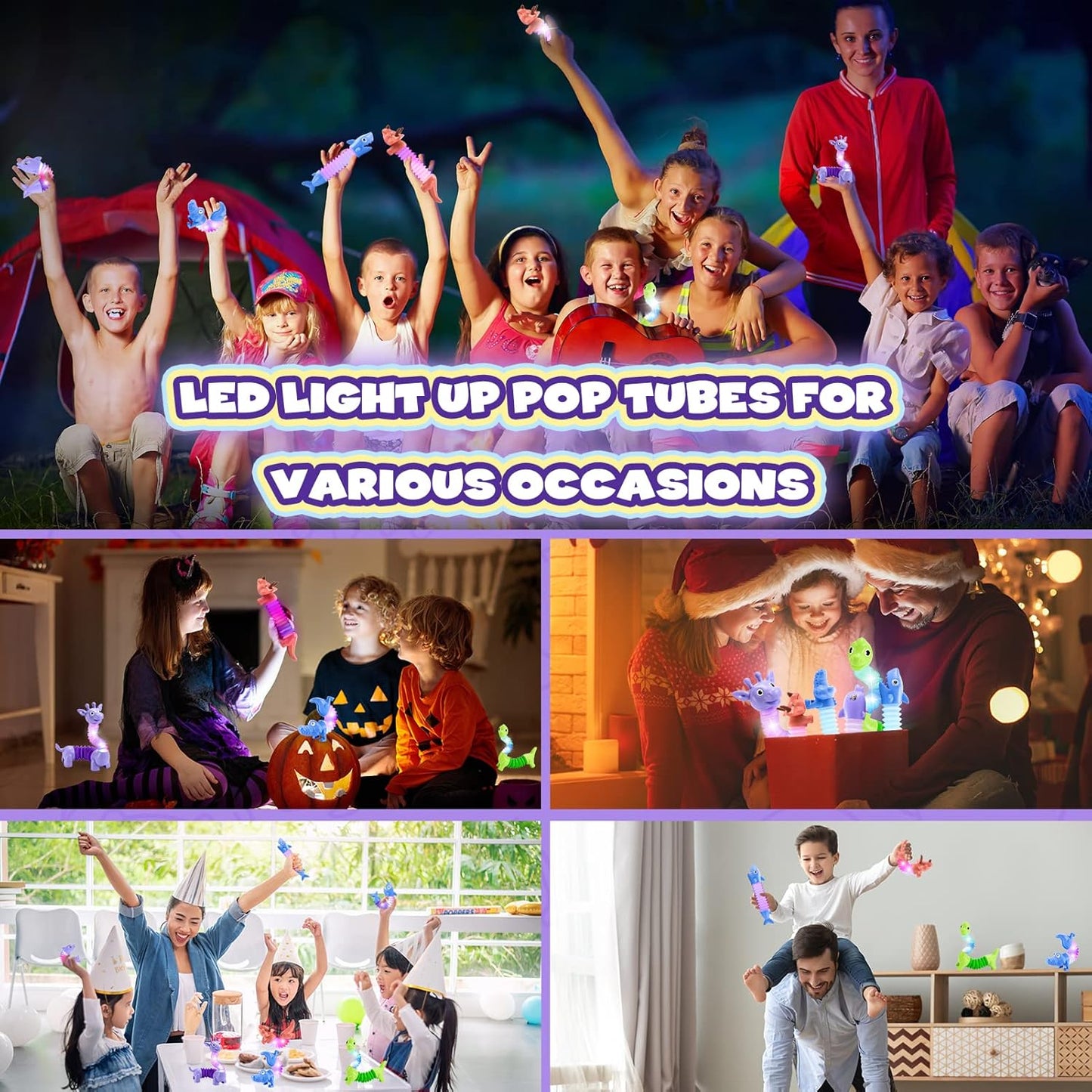 Animals Fidget Toys for Toddlers: 6 Pack LED Animal Pop Tubes for Kids 2 3 4 5 6 Year Old Girls Boys Halloween Birthday Gifts New Autism Sensory Toy for Toddler Age 3-5 Tube Set Light Up Party Favors