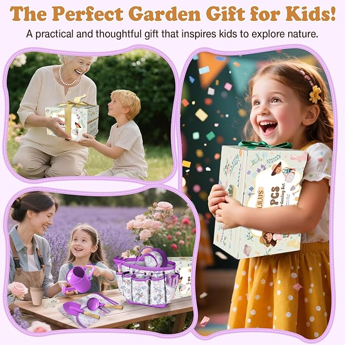 Kids Gardening Tool Set 18PCS Kids Toddler Gardening Set Includes Tote Bag Watering Can Apron Hat Rake Shovel Spoon Gloves Plant Pots and Labels, Outdoor Toys Gift for Boys Girls (Purple)