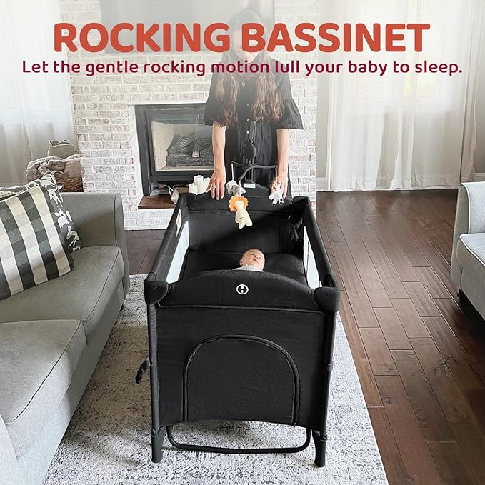 HARPPA Pack and Play 5 in 1, Portable Baby Playard for Travel, Baby Bassinet Bedside Sleeper with Mattress, Rolling Bassinet for Infant, Pack n Play with Changing Table, Bed Crib(Black)