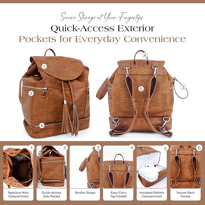 Citi Collective Journey Vintage Tan Vegan Leather Diaper Bag Backpack | Elegant, Multifunctional, Travel Diaper Bag with Stroller Straps & Insulated Bottle Pockets