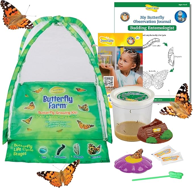 Insect Lore Butterfly Farm - Live Cup of 5 Caterpillars, Reusable Habitat, STEM Butterfly Activity Journal & Supplies - Grow, Observe and Release Painted Lady Butterflies