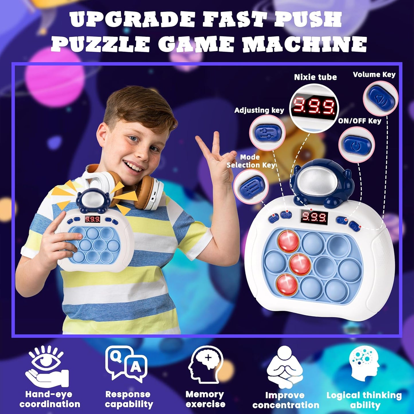 Upgraded Quick Push Game Pop Bubble Up Toys for Kids, Funny Toys with LED Screen for Kids 3-12 for Boys and Girls Bubble Stress,Handheld Puzzle Game Sensory Toys(Batteries Included)(Astronaut)