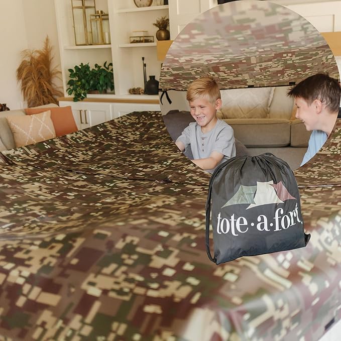 Tote a Fort Camo Blanket Fort Building Kit for Kids, 4 Blanket TOTEAFORT Toy, Make a Portable Playhouse, Play Tent Boy and Girl Indoor Outdoor Build Set, STEM Children Toy, Ages 4, 8, 12 +