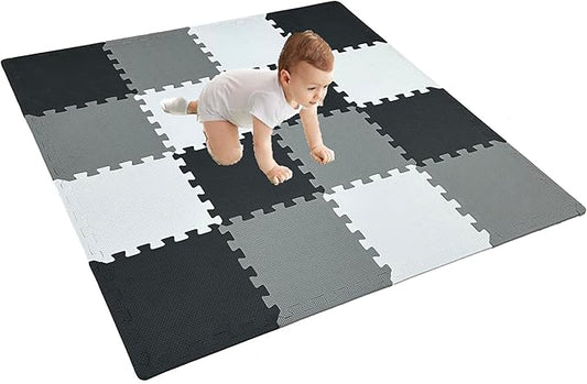 16 Pieces Foam Play Mat with Border, Interlocking Playmat Tiles, Foam Floor Mat Tiles for Kids, Puzzle Play Mats, Exercise Gym Mats – Color of Black & Grey & White