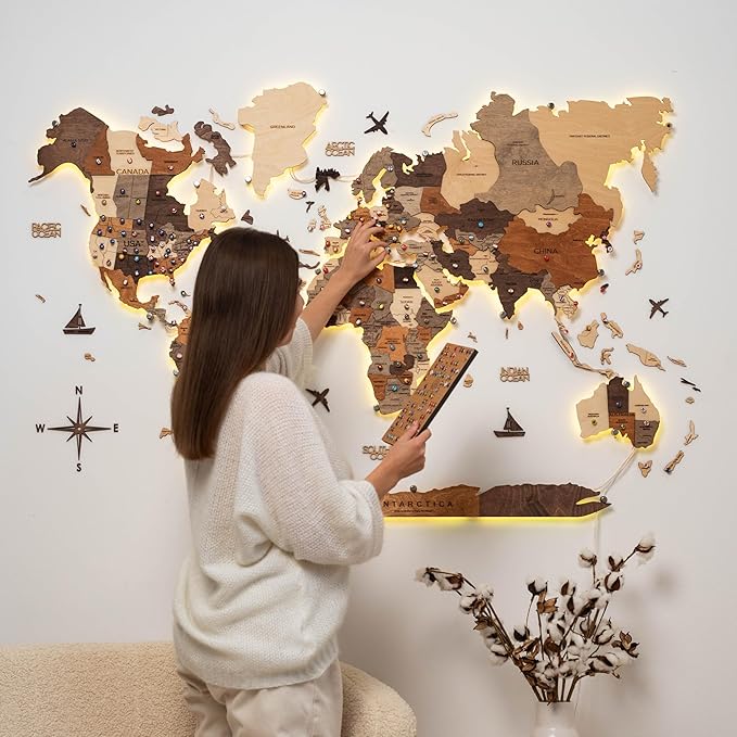 Enjoy The Wood 3D Wood World Map LED 3.0 Wall Art Modern Home Decor Gifts LED Lighting Wall Decor Housewarming Gift (Multicolor)