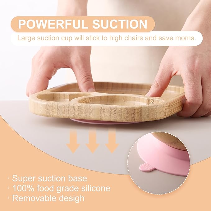 Suction Plates Bowls Set for Baby Toddler Non-Toxic Bamboo Feeding Set with Silicone Fork & Spoon (Pink Feeding Set)