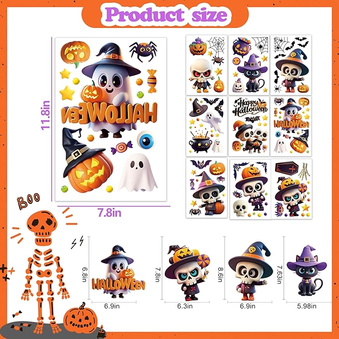 9 Sheets Halloween Window Clings,Cut Ghost Pumpkin Bat Cat Stickers,Reusable Halloween Window Decals Decorations for Party Supplies Home Shop Glass Decor