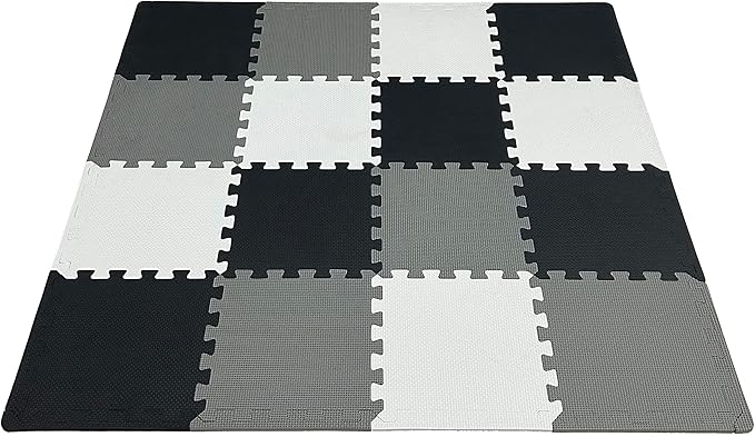16 Pieces Foam Play Mat with Border, Interlocking Playmat Tiles, Foam Floor Mat Tiles for Kids, Puzzle Play Mats, Exercise Gym Mats – Color of Black & Grey & White