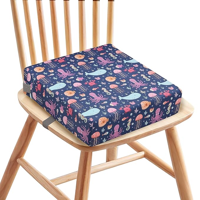 Zicac Portable Toddler Booster Seat for Dining Table, Safer Non-Slip Kids Booster Seat with Double Adjustable Straps, Washable Detachable Strong Support Increasing Cushion for Child (Purple Octopus)