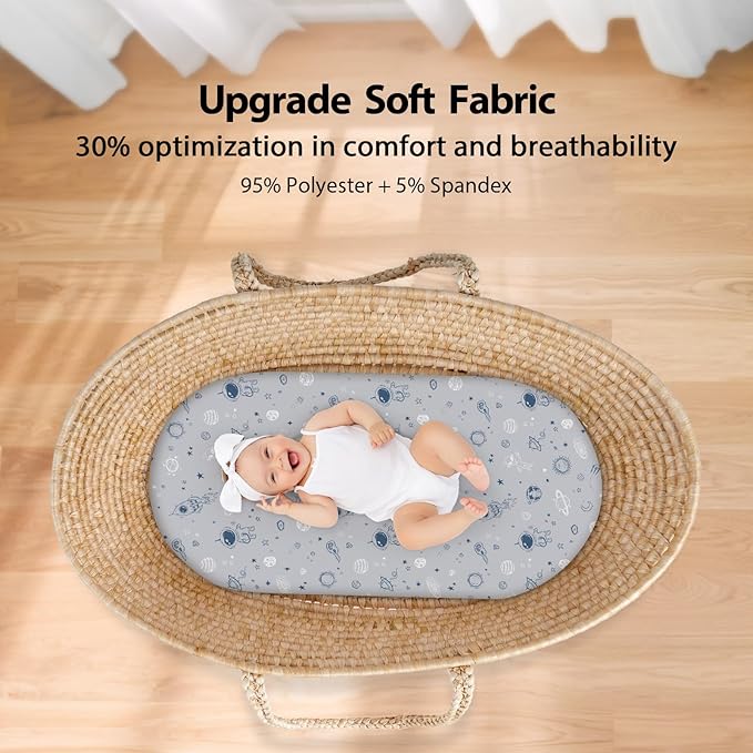 Baby Bassinet Sheets Girl Boy, Fitted Bassinet Sheet Set 3 Pack Bassinet Mattress Sheets Universal Fit for Rectangle, Round, Oval, Hourglass Mattress, Soft Breathable Grey & Blue Moon