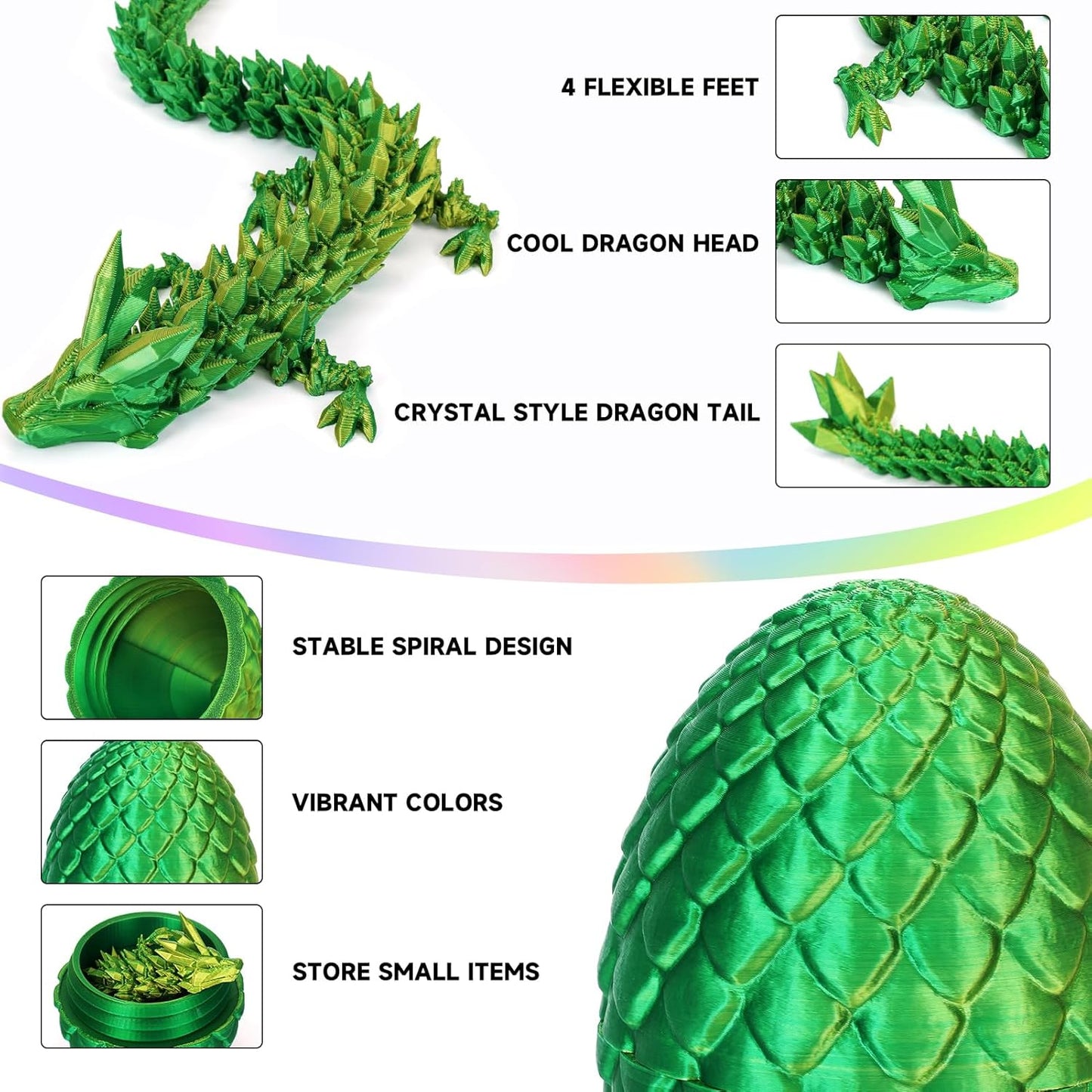 3D Printed Dragon Egg,Dragon Eggs with Dragon Inside,Crystal Dragon Fidget Toys,Full Articulated Dragon Dragon in Egg,Adults Fidget Toys for Autism ADHD (Laser Yellow Green-12inch)