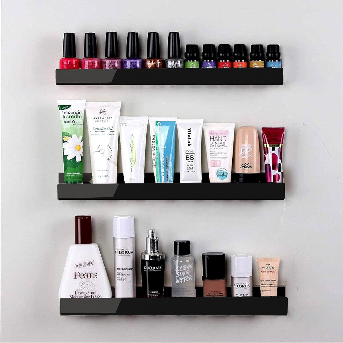 4 Pack 15 Inch Black Acrylic Shelves, Black Kids Floating Bookshelf for Kids Room, Modern Nail Polish Rack Sunglasses Essential Oil Picture Ledge Display Toy Storage Wall Shelf