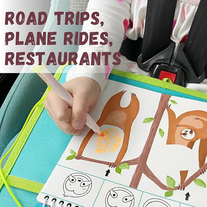 Totebook Kids Travel Educational Activity Book with Washable Markers - Car and Airplane Activities, Learning Toys for Toddlers- Reusable Stickers for Ages 4, 5, 6 (Jungle & 2 Extra Books)