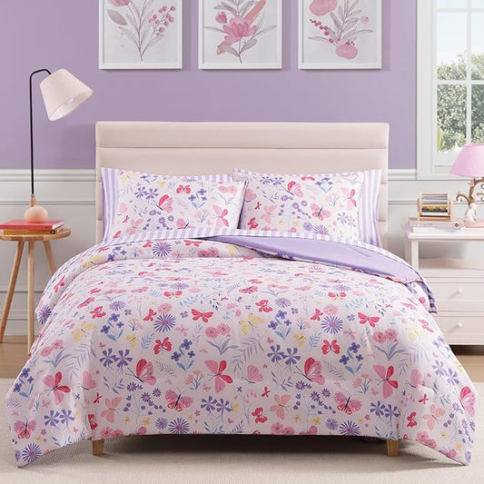 Full Size Comforter Sets with Sheets for Girls-7 Pieces Full Size Bedding Sets with Pink Comforter, Sheets, Pillowcases & Shams for Kids (Cute Botanical Flowers, 76" X 86")